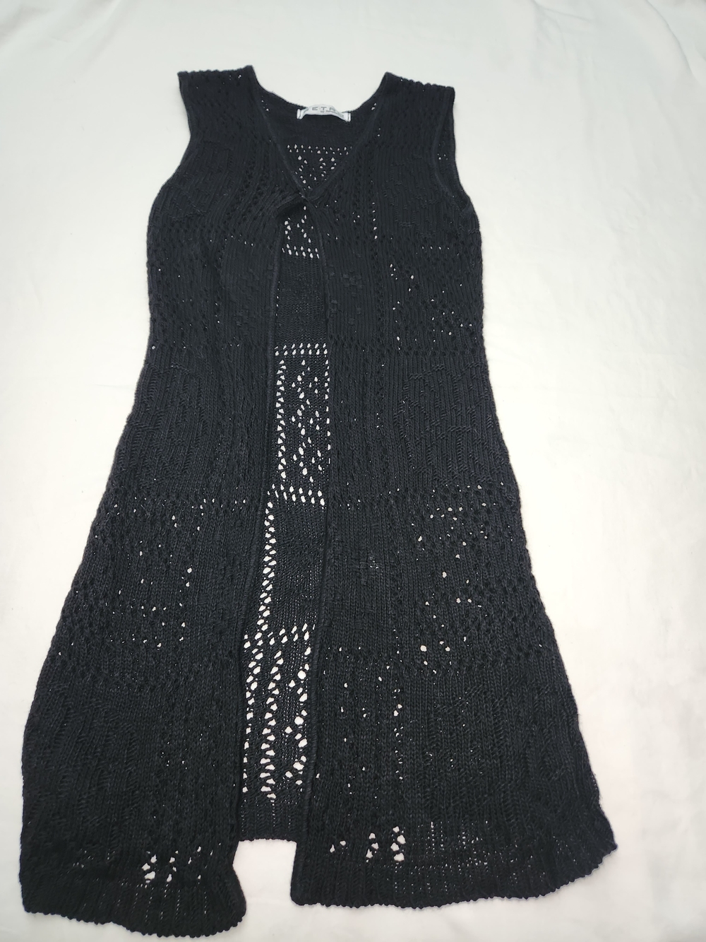 Sleeveless Black Crochet Knit Open Cardigan - Women Tops